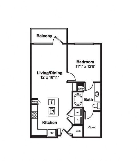 Floor plan for 1 bed, 1 bath, 765 sqft